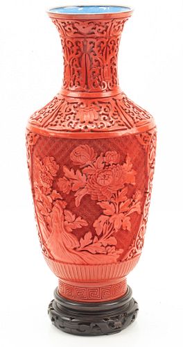 CHINESE CINNABAR LACQUER BALASTER VASE H 15 1/2" 