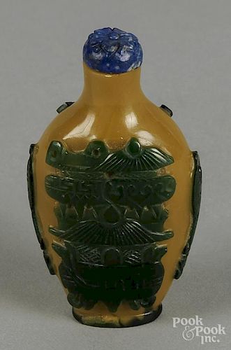 Chinese green cut to brown glass snuff bottle, 3 1/8'' h.