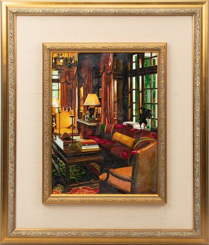 S. LEE, OIL ON PANEL, H 16", W 12", DEPICTS PARLOR 