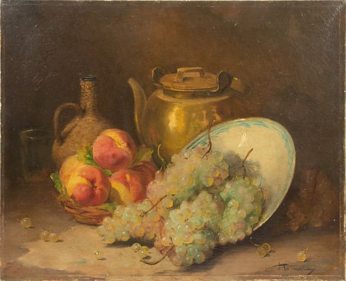 SIGNED CONTINENTAL OIL ON CANVAS, 19TH C., H 19", W 24", STILL LIFE WITH PEACHES AND GRAPES 