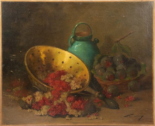 SIGNED CONTINENTAL OIL ON CANVAS, 19TH C., H 19", W 24", STILL LIFE WITH CURRANTS AND PLUMS 