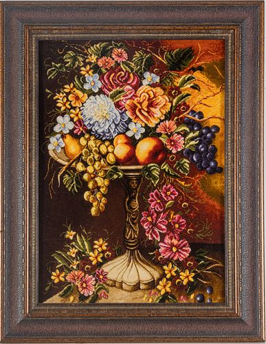 TABRIZ PERSIAN WOOL PICTORIAL SMALL RUG H 32" W 23" COMPOTE OF FRUIT, FRAMED STILL LIFE 