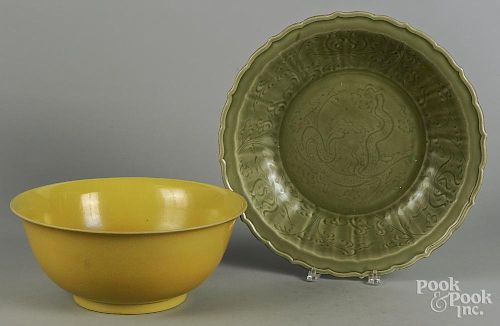 Chinese yellow ground porcelain bowl,6 1/4'' h., 14 3/4'' dia.
