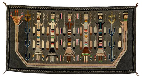 Navajo Hand Woven Wool Yei Rug C. 1920, W 3' 8'' L 6' 2''