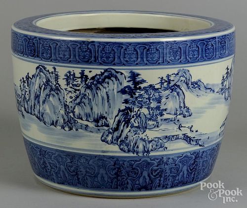 Japanese porcelain blue and white cache pot, 9 1/2'' h., 13 1/4'' w.