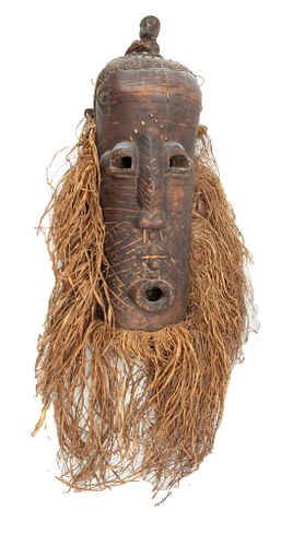 CONGO (ZAIRE) WITCH DOCTOR'S CARVED WOOD & SNAKE SKIN HELMET MASK H 26"  