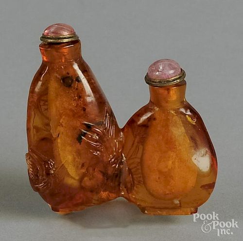 Chinese carved amber double snuff bottle, 2'' h.