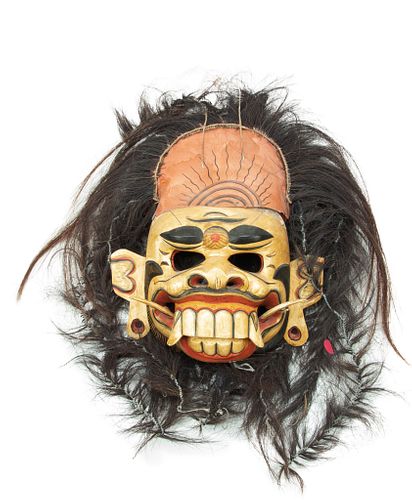 BARONG CARVED WOOD MASK OF DEMON, BALI H 15" W 15" 