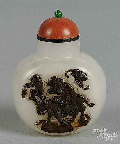 Chinese cameo agate snuff bottle, decorated with a man riding a mule, 3'' h.