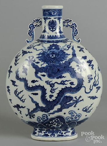 Large Chinese blue and white porcelain moon vase, with dragon decoration, 16 3/4'' h.