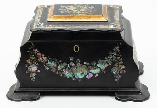 ENGLISH PAPER MACHE AND MOTHER OF PEARL TEA CHEST, 19TH.C. H 5", W 4.25", L 9", D 3" 