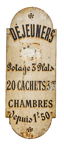 FRENCH "DEJEUNER, CHAMBRES" METAL INN SIGN, 1900 H 39", W 16" 