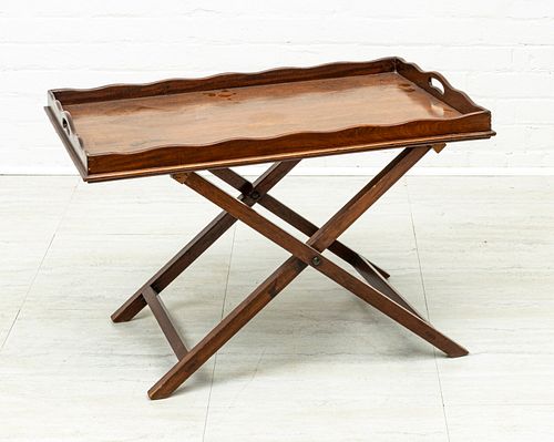 MAHOGANY COFFEE TABLE, TRAY TOP, COLLAPSIBLE BASE H 21" W 20" L 30" 