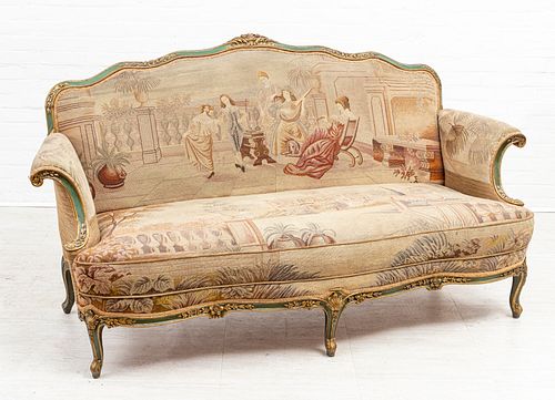 FRENCH LOUIS XV 19TH CENTURY CARVED WOOD TAPESTRY SOFA, H 41", W 75", D 32" 