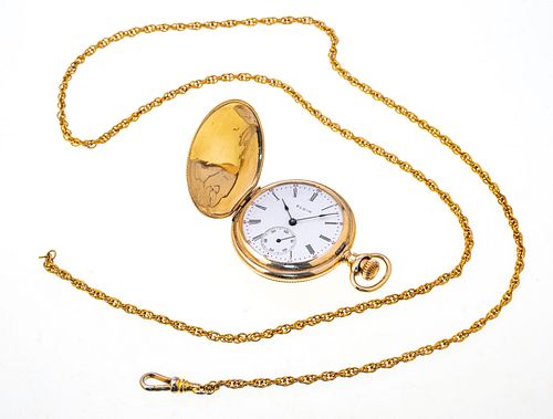 ELGIN 14KT POCKETWATCH WITH GOLD CHAIN DIA 1 1/3" 