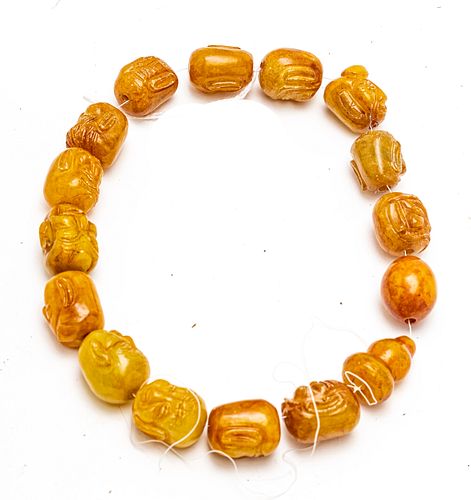 CARVED YELLOW JADE BEADS L 12" DIA 3/4" 