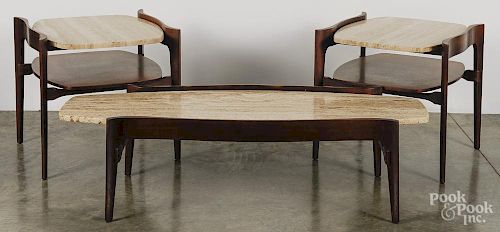 Three Italian mid-century modern travertine and cherry tables, labeled W. Z. Style, 14 1/4'' h.