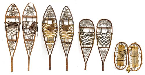 ANTIQUE WOODEN AND LEATHER SNOWSHOE GROUPING, EARLY 20TH C., FOUR PAIRS, L 51", 49", 39" AND 18" 
