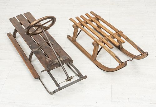 AMERICAN WOOD AND METAL SLEDS, EARLY TO MID 20TH C., TWO PIECES, H 21", W 15", L 45" (LARGEST) 