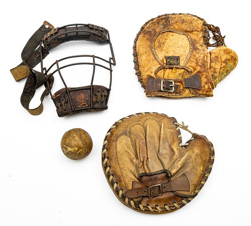 AMERICAN BASEBALL EQUIPMENT, CATCHER'S MITTS, MASK AND BALL, C. 1930S, FOUR PIECES 
