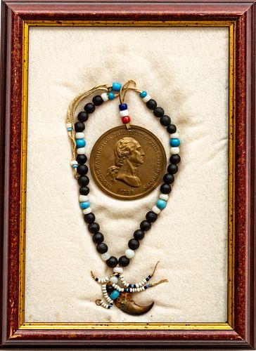 GEORGE WASHINGTON PEACE MEDAL WITH BEAD AND CLAW NECKLACE, FRAMED H 14", W 10" 