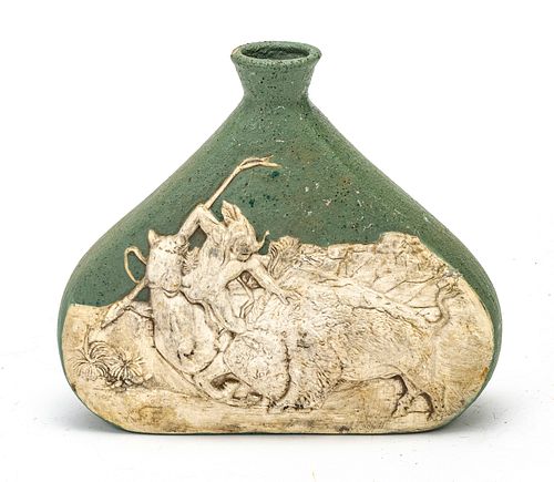 AMERICAN EARTHENWARE POTTERY VASE, EARLY TO MID 20TH C., H 9", W 10 1/2", D 3 1/2", BUFFALO CHARGING A HUNTER 