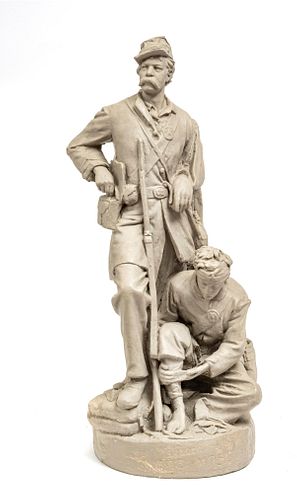 JOHN ROGERS (AMERICAN 1829-1904) PAINTED PLASTER FIGURAL H 24" D 10" WOUNDED TO THE REAR-ONE MORE SHOT" 