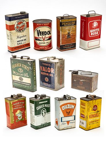 VINTAGE PETROLIANA, METAL OIL, LUBRICANT AND VARNISH CANS, EARLY TO MID 20TH C., ELEVEN. H 6" TO 12" 