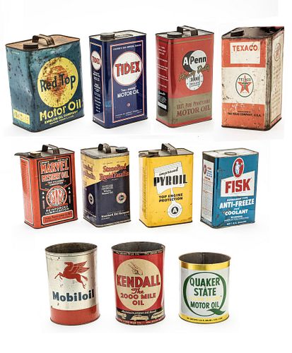 VINTAGE PETROLIANA, METAL OIL, LUBRICANT AND ANTIFREEZE CANS, EARLY TO MID 20TH C., ELEVEN, H 8" TO 11 1/2" 