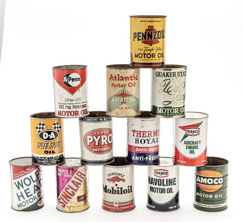 VINTAGE PETROLIANA, METAL OIL AND ANTI-FREEZE CANS, EARLY TO MID 20TH C., THIRTEEN, H 5 1/2" 