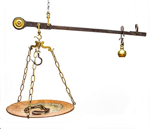 ITALIAN BRASS AND IRON BALANCING SCALE, LATE 19TH/EARLY 20TH C., H 30", L 43" 