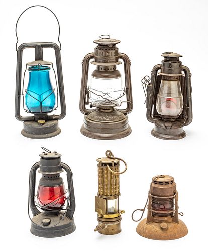 GROUPING OF HANDHELD OIL LAMPS, EARLY 20TH C., SIX, H 8" TO 14" 
