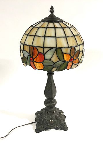 PATINATED METAL WITH SLAG AND STAINED GLASS SHADE, H 23", DIA 10" 