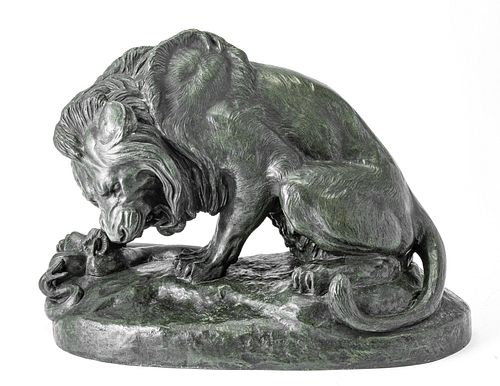 AFTER ANTOINE LOUIS BARYE, LION WITH SNAKE BRONZE SCULTPURE, H 11.5" W 8" L 16" 