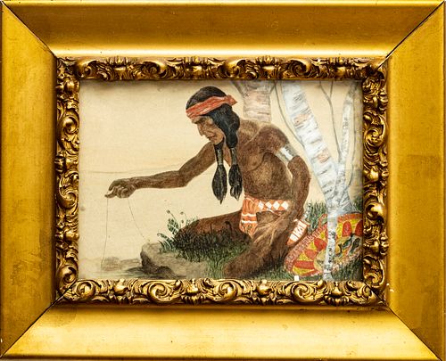 SIGNED R. WIRTH, WATERCOLOR ON PAPER, 1910, H 6", W 8 1/2", NATIVE AMERICAN MAN FISHING 