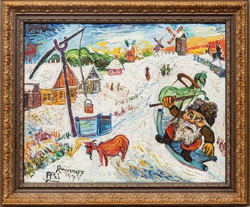 ARI ROUSSIMOFF (RUSSIAN) OIL ON CANVAS, 1974 H 24" W 30" RUSSIAN VILLAGE AT CHRISTMAS 