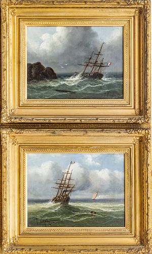 J.F. VERNIER OILS ON CANVAS PAIR H 9.5" W 12.5" MASTED SHIP AT SEA 