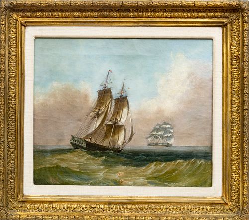 OIL ON CANVAS  H 20" W 24" MASTED SHIPS AT SEA 