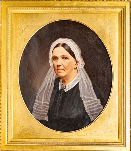 AMERICAN ANCESTRAL OVAL PORTRAIT PAINTING C 1850, H 29" W 24" LADY IN WHITE CAP 