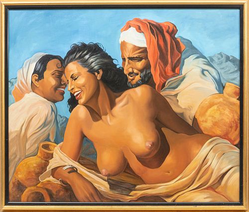SIGNED "HEAJA" OIL ON CANVAS, LATER 20TH C., H 30", W 35 1/2", SEMINUDE FEMALE WITH FIGURES 