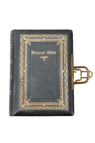MUSIC BOX BIBLE, 19TH C, H 2.75", W 8"