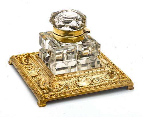 CRYSTAL INKWELL + BRASS STAND, C. 1920, H 5.5", W 7"