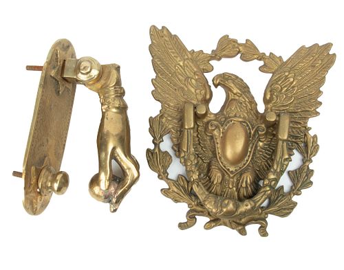 BRASS DOOR KNOCKERS, TWO, H 7", 8" "HAND" AND EAGLE 