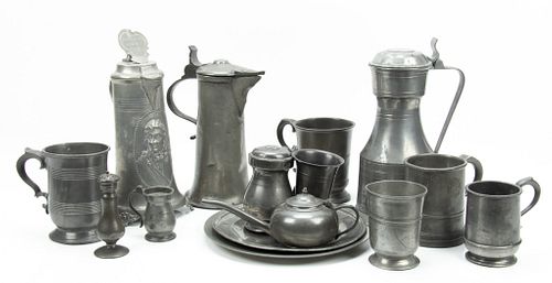 PEWTER VESSELS, PLATES, AND SHAKERS, 18/19TH C, 15 PCS, H 3"-11.5"