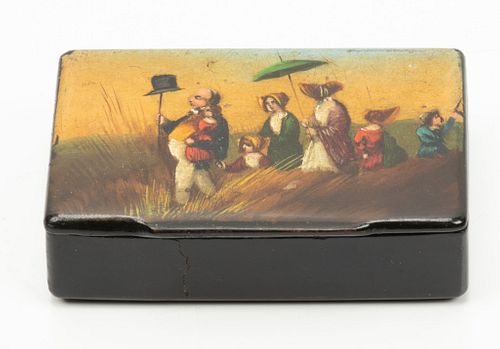 ENGLISH LAQUERED HAND PAINTED SNUFF BOX 19TH CENTURY, H 3/4" W 3" D 2" 