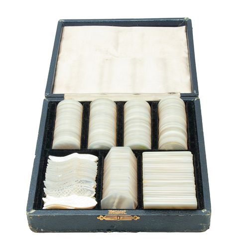 CHINESE MOTHER OF PEARL GAME CHIPS, C. 1900, L 1"-2"