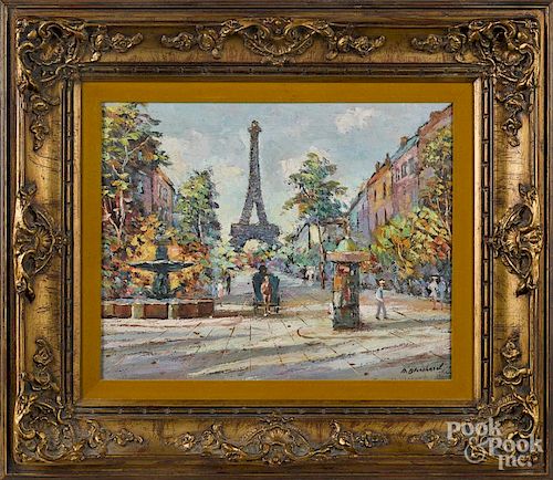 After Antoine Blanchard, oil on canvas Paris street scene, 16'' x 20''.