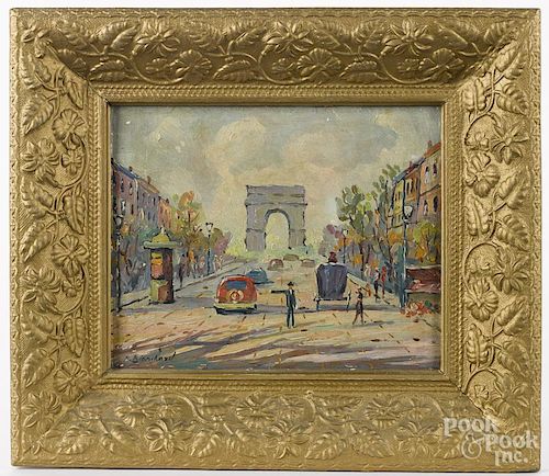 After Antoine Blanchard, three oil on canvas Paris street scenes, 7 3/4'' x 9 3/4''.