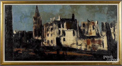 Jean Batail (French, b. 1930), oil on canvas cityscape, signed lower right, 19 3/4'' x 39 1/2''.