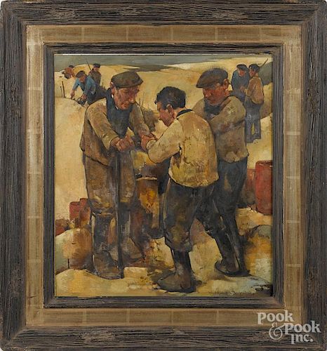 Willem Van den Berg (American/Dutch 1886-1970), oil on panel of men with a drill, signed